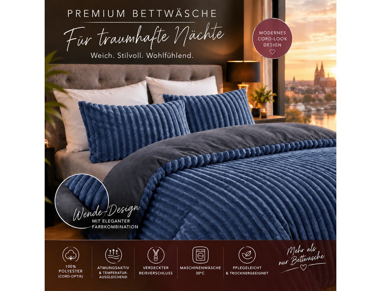 Leonado Vicenti Bettwäsche CORD Optik, Teddy Plüsch, Cashmere Touch, Fleece, 2 teilig, Winter, Wendeseite Anthrazit, flauschig, warm, Nicky-Plüsch – Bild 3 von 5