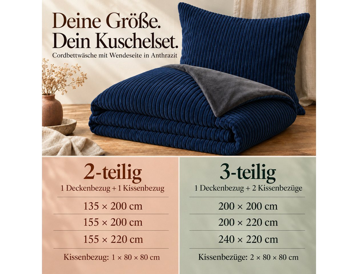 Leonado Vicenti Bettwäsche CORD Optik, Teddy Plüsch, Cashmere Touch, Fleece, 2 teilig, Winter, Wendeseite Anthrazit, flauschig, warm, Nicky-Plüsch – Bild 5 von 5