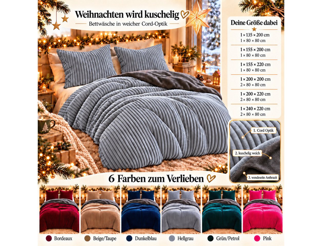 Leonado Vicenti Bettwäsche CORD Optik, Teddy Plüsch, Cashmere Touch, Fleece, 3 teilig, Winter, Wendeseite Anthrazit, flauschig, warm, Nicky-Plüsch – Bild 2 von 5