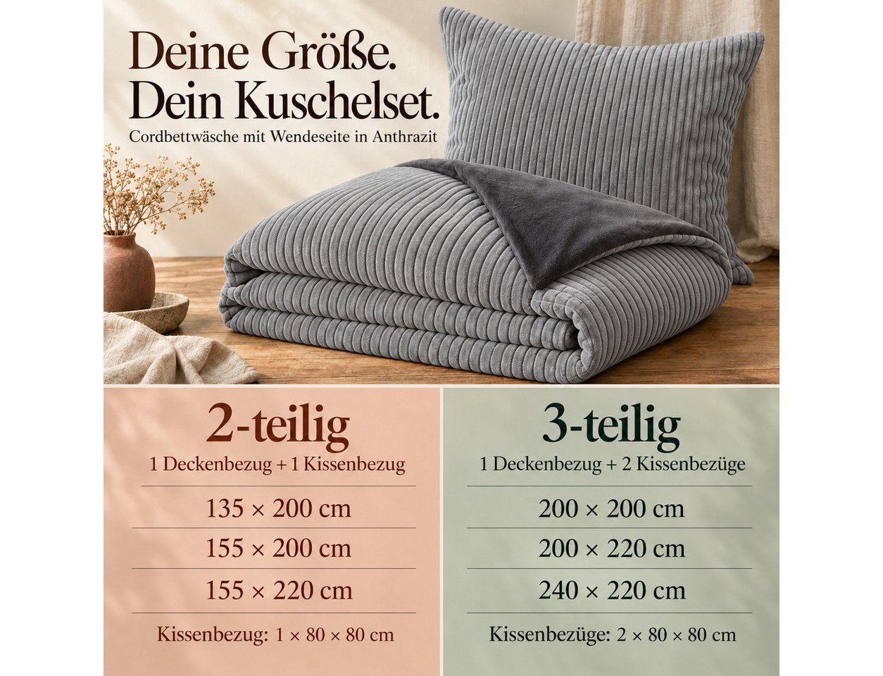 Leonado Vicenti Bettwäsche CORD Optik, Teddy Plüsch, Cashmere Touch, Fleece, 3 teilig, Winter, Wendeseite Anthrazit, flauschig, warm, Nicky-Plüsch – Bild 5 von 5