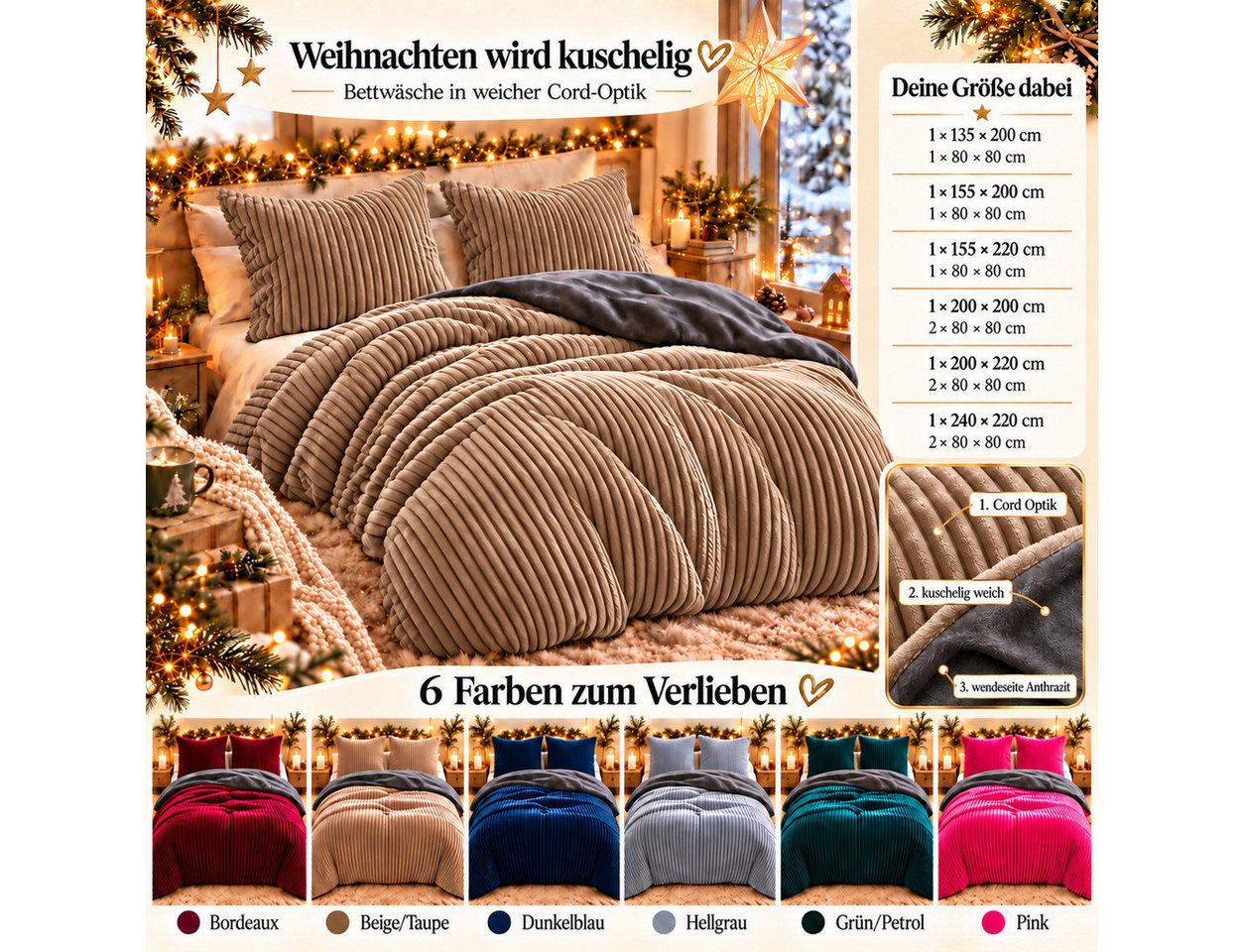Leonado Vicenti Bettwäsche CORD Optik, Teddy Plüsch, Cashmere Touch, Fleece, 2 teilig, Winter, Wendeseite Anthrazit, flauschig, warm, Nicky-Plüsch – Bild 2 von 5