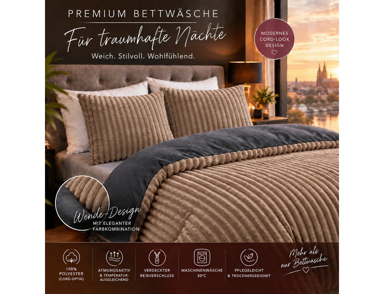 Leonado Vicenti Bettwäsche CORD Optik, Teddy Plüsch, Cashmere Touch, Fleece, 2 teilig, Winter, Wendeseite Anthrazit, flauschig, warm, Nicky-Plüsch – Bild 3 von 5