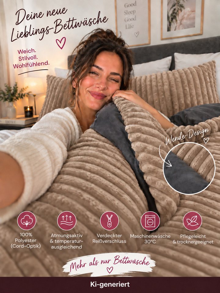 Leonado Vicenti Bettwäsche CORD Optik, Teddy Plüsch, Cashmere Touch, Fleece, 2 teilig, Winter, Wendeseite Anthrazit, flauschig, warm, Nicky-Plüsch – Bild 4 von 5