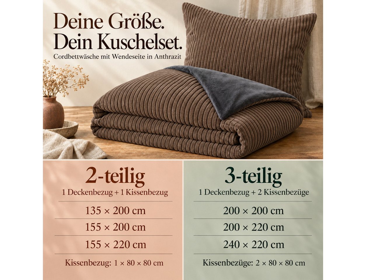 Leonado Vicenti Bettwäsche CORD Optik, Teddy Plüsch, Cashmere Touch, Fleece, 2 teilig, Winter, Wendeseite Anthrazit, flauschig, warm, Nicky-Plüsch – Bild 5 von 5