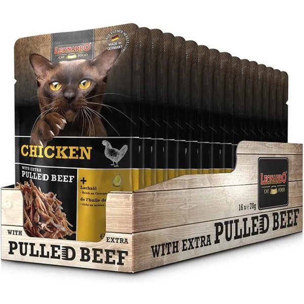 Leonardo Catfood Chicken with extra pulled Beef - Hühnchenpaté mit Rindfleisch 16x70g, Nassfutter für: Katzen