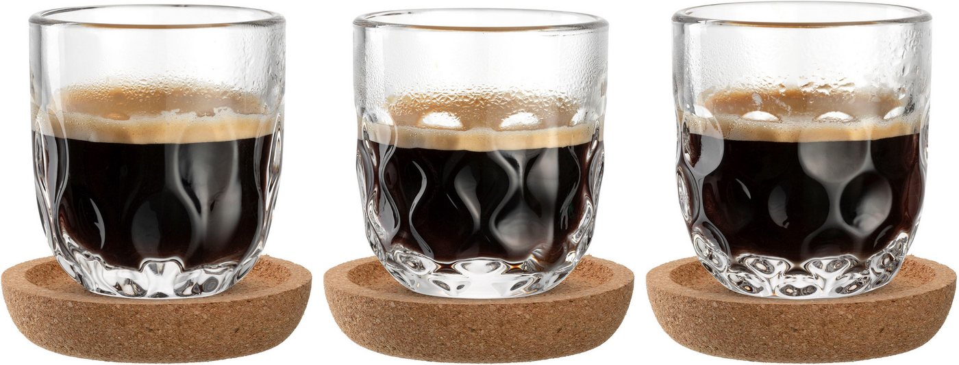 LEONARDO Gläser-Set Espresso-Set GOCCE, 90 ml, 6-teilig, 6-tlg., Glas, 3 Gläser mit unterschiedlichem Tropfenrelief, inkl. Kork-Untersetzer – Bild 3 von 5