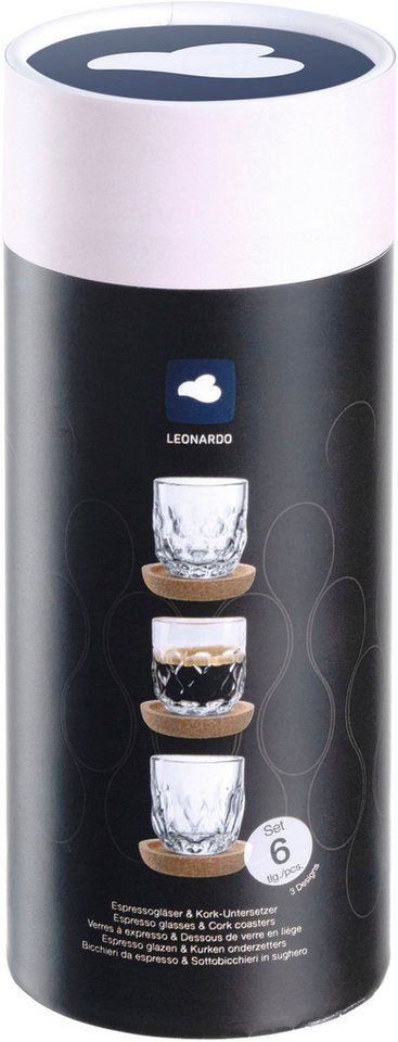 LEONARDO Gläser-Set Espresso-Set GOCCE, 90 ml, 6-teilig, 6-tlg., Glas, 3 Gläser mit unterschiedlichem Tropfenrelief, inkl. Kork-Untersetzer – Bild 5 von 5