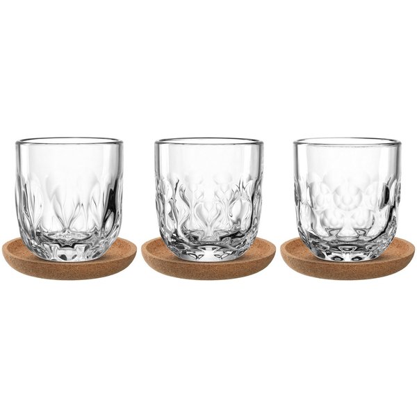 LEONARDO Gläser-Set Kaffee-Set GOCCE, 220 ml, 6-teilig, 6-tlg., Glas, 3 Gläser mit unterschiedlichem Tropfenrelief, inkl. Kork-Untersetzer