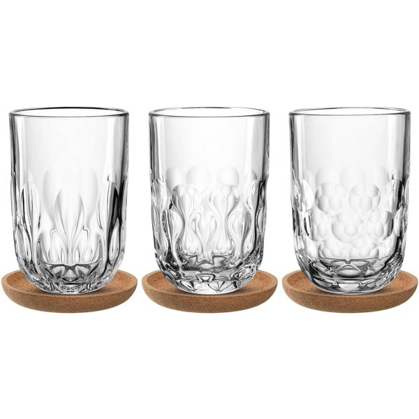 LEONARDO Gläser-Set Latte Macchiato-Set GOCCE, 380 ml, 6-teilig, 6-tlg., Glas, 3 Gläser mit unterschiedlichem Tropfenrelief, inkl. Kork-Untersetzer