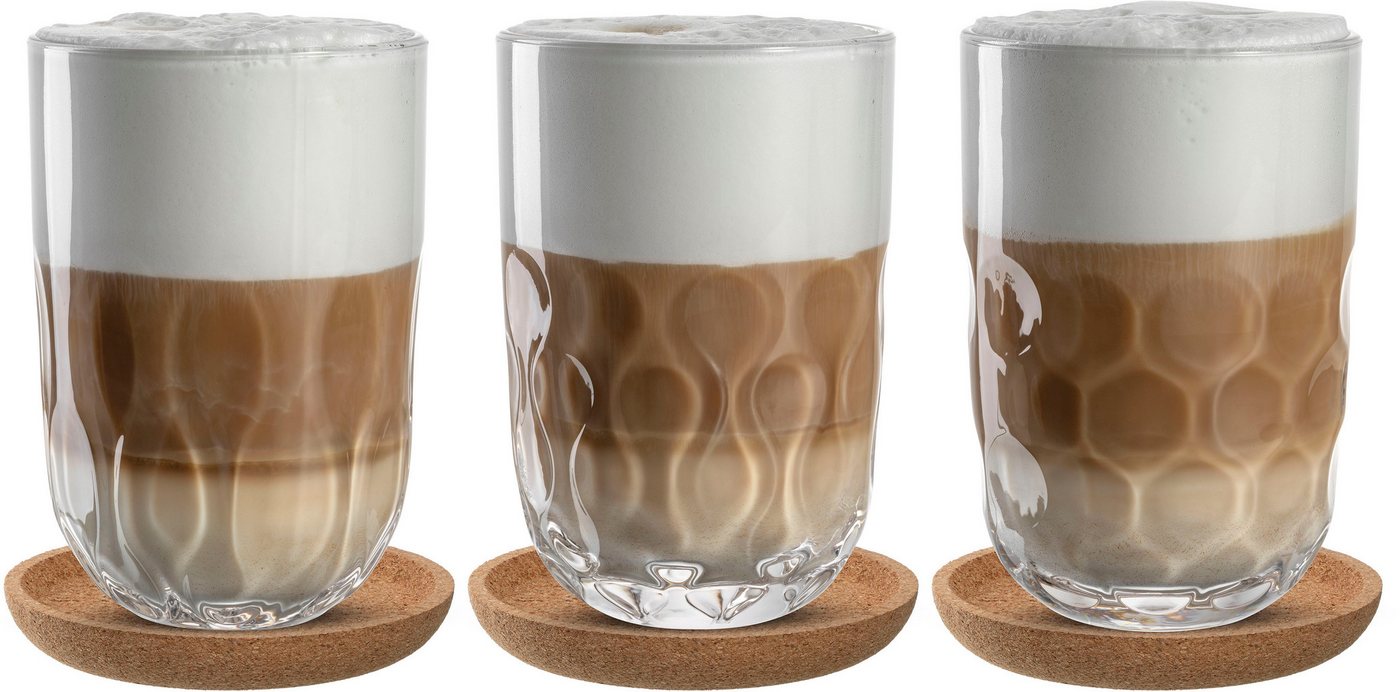 LEONARDO Gläser-Set Latte Macchiato-Set GOCCE, 380 ml, 6-teilig, 6-tlg., Glas, 3 Gläser mit unterschiedlichem Tropfenrelief, inkl. Kork-Untersetzer – Bild 3 von 5