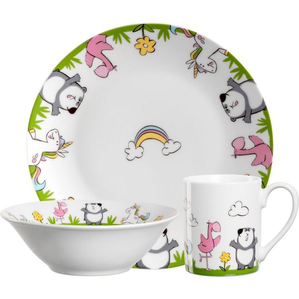 LEONARDO Kindergeschirr-Set BAMBINI (3-tlg), 1 Personen, Porzellan, Einhorn/Panda/Flamingo