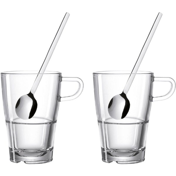 LEONARDO Latte-Macchiato-Glas SENSO, 4-tlg., Edelstahl, Glas, Set bestehend aus 2 Tassen und 2 Löffel