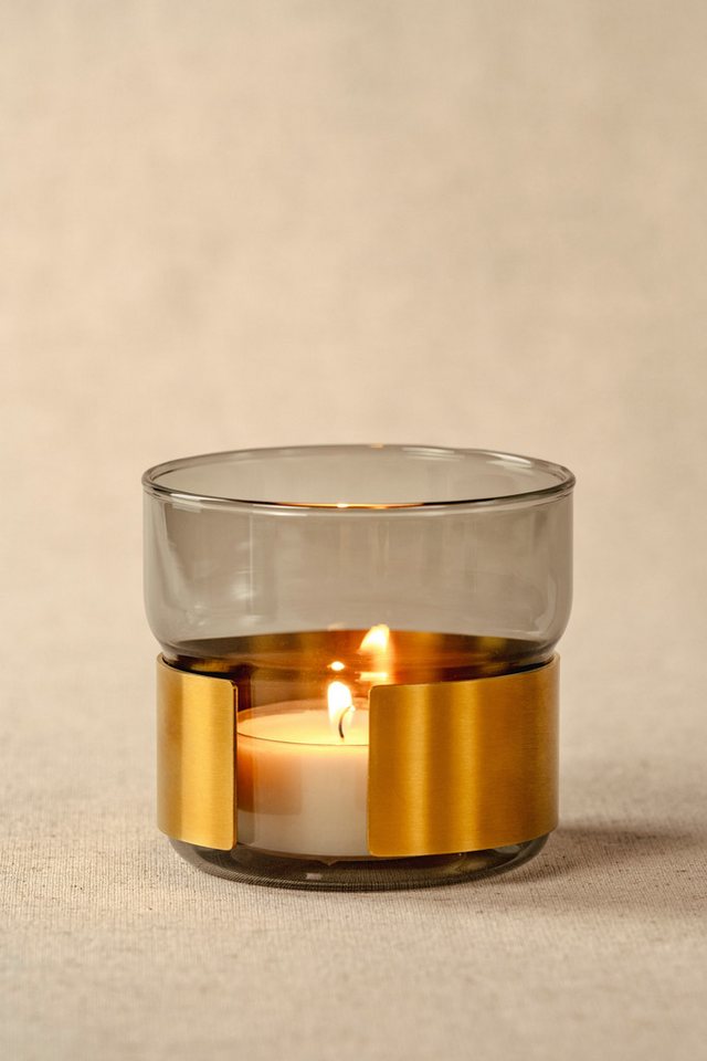 LEONARDO Teelichthalter Silenzio, aus grauem Glas mit goldener Metallspange – Bild 2 von 5