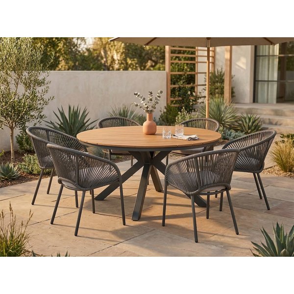 Lesli Living Garten-Essgruppe "Arrezo" Rund Ø120cm + 6 oder 4 Geflecht-Stühlen, Teakholz, Aluminium, (5-tlg), Sitzkissen, Geflochten, Scandi / Skandi - Boho, Ga
