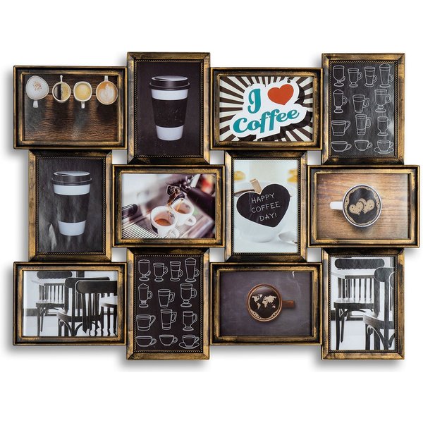 Levandeo® Bilderrahmen Collage, levandeo Bilderrahmen Collage 72x54cm Kupfer Schwarz Glas 12 Fotos