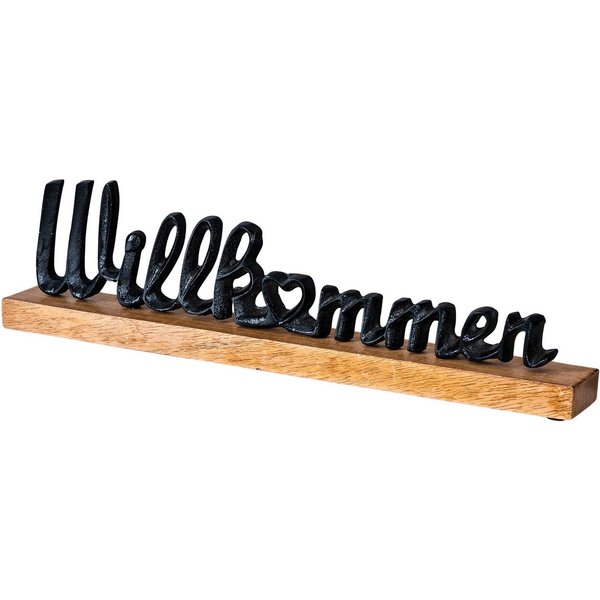 Levandeo® Deko-Schriftzug, Schriftzug Willkommen L45cm Metall Schwarz Mango Holz Tischdeko Deko