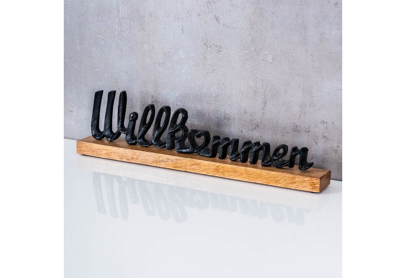 Levandeo® Deko-Schriftzug, Schriftzug Willkommen L45cm Metall Schwarz Mango Holz Tischdeko Deko – Bild 2 von 4