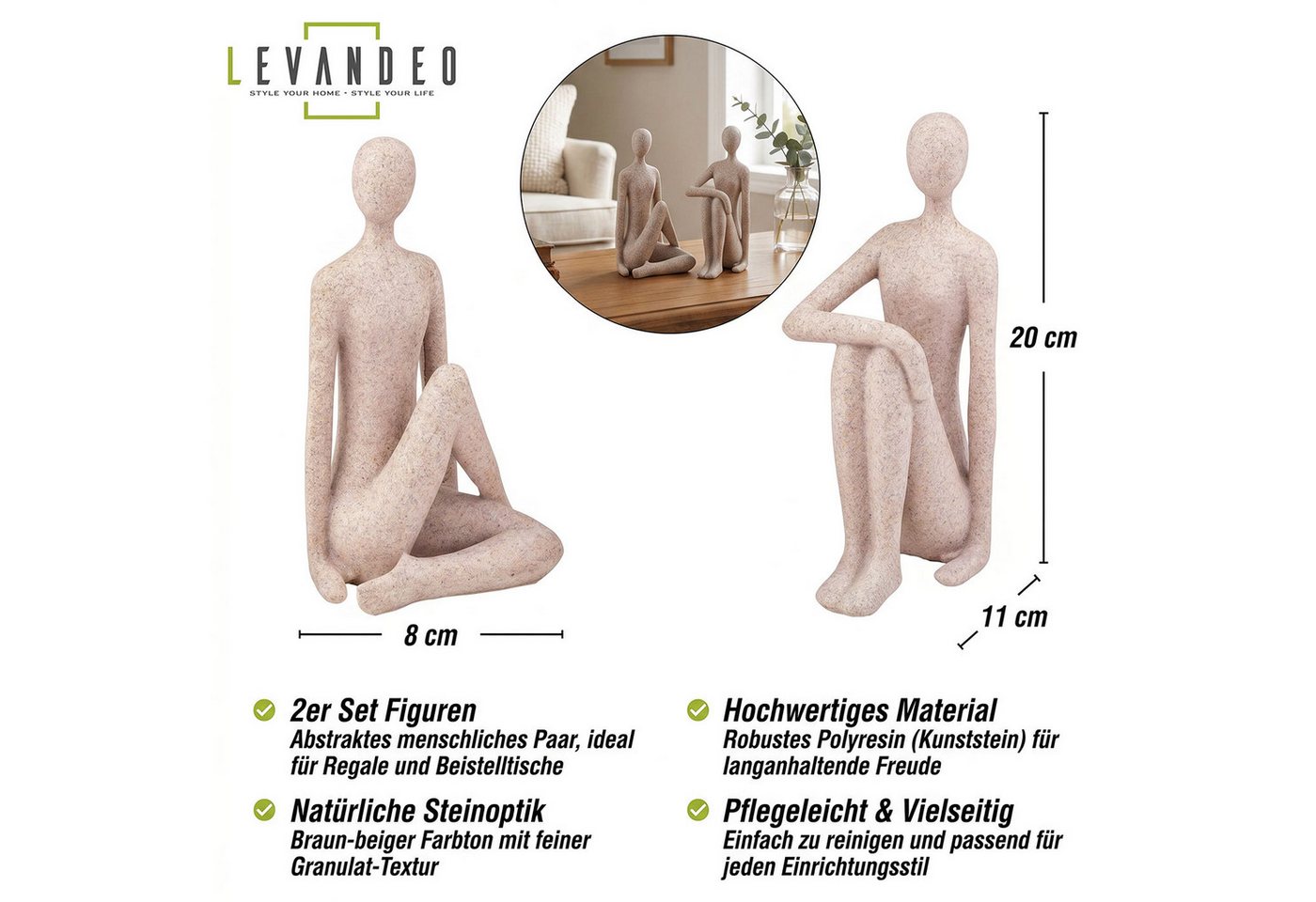 Levandeo® Dekofigur, 2er Set Deko Figuren Abstrakt H20cm Braun Beige Skulptur Paar Stein – Bild 3 von 5