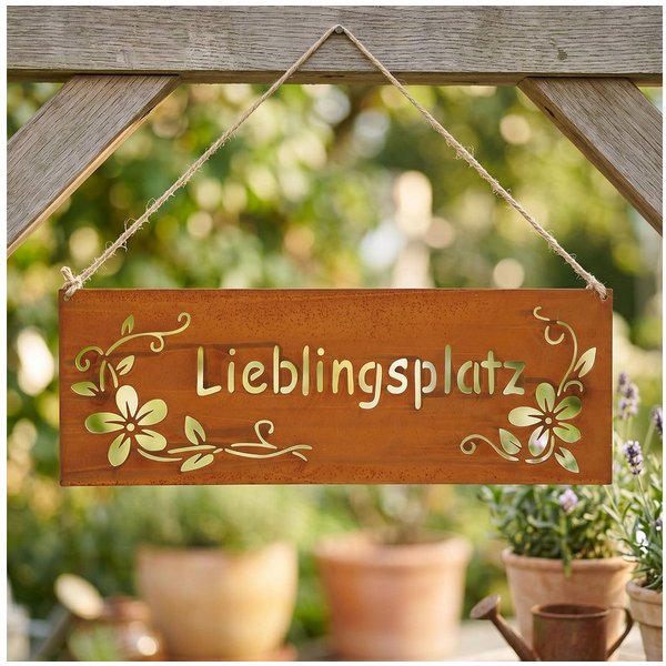 Levandeo® Dekohänger, Schild Lieblingsplatz 25x9cm Außen Gartendeko Rost Braun Blumen