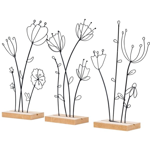 Levandeo® Dekoobjekt, 3er Set Aufsteller Blume Metall MDF Schwarz Natur Draht Deko