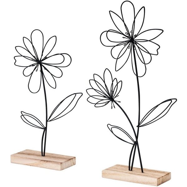 Levandeo® Dekoobjekt, 2er Set Deko Aufsteller Draht Blume Metall Holz Schwarz Natur