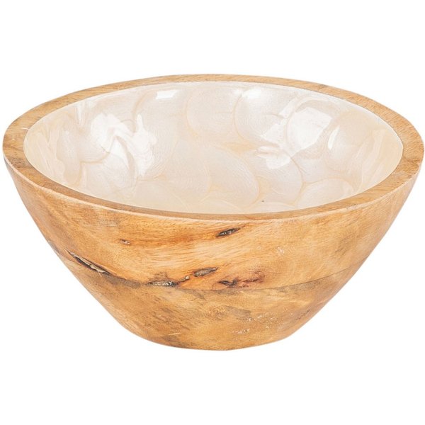 Levandeo® Dekoschale, Schüssel 15cm Mango Holz Creme Perlmutt Emaille Schale Bowl