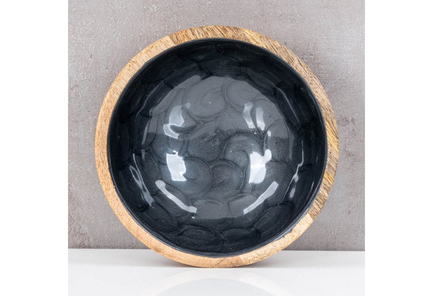 Levandeo® Dekoschale, Schüssel 15cm Mango Holz Grau Perlmutt Emaille Schale Bowl – Bild 4 von 5