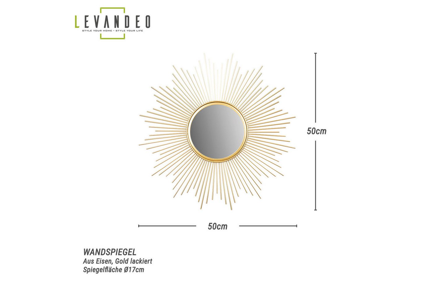 Levandeo® Dekospiegel, Sonnenspiegel Gold Ø 50cm Metall Deko Goldene Sonne Spiegel – Bild 2 von 5