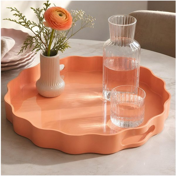 Levandeo® Dekoteller, Deko Tablett mit Griffen Gewellt Kunststoff Pastell Apricot 33cm Rund
