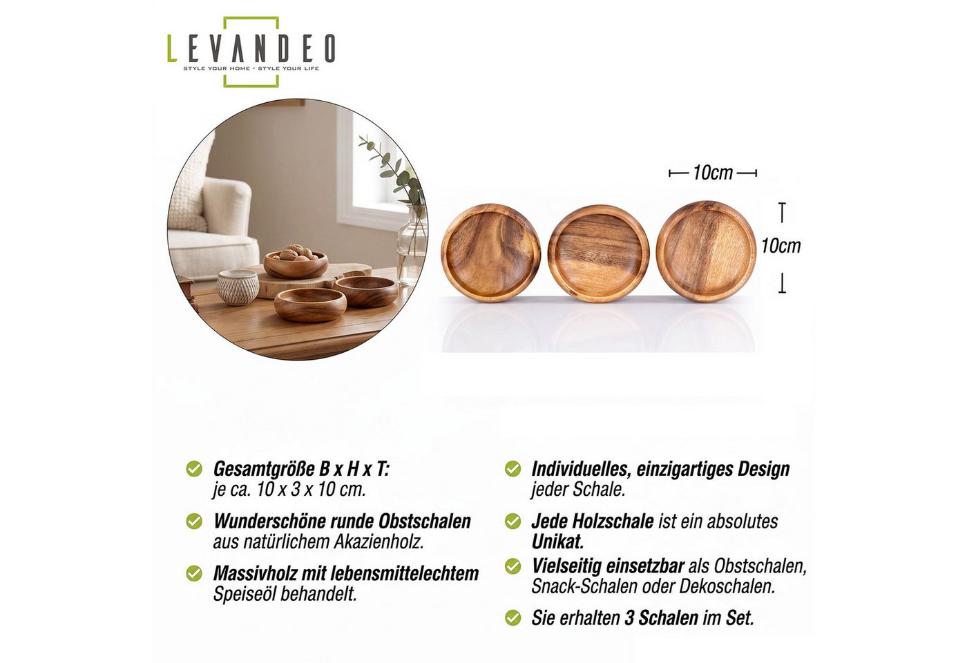 Levandeo® Dekoteller, 3er Set Snackschale Holz Akazie Ø10cm Design Dip Schale Obstschale – Bild 2 von 5