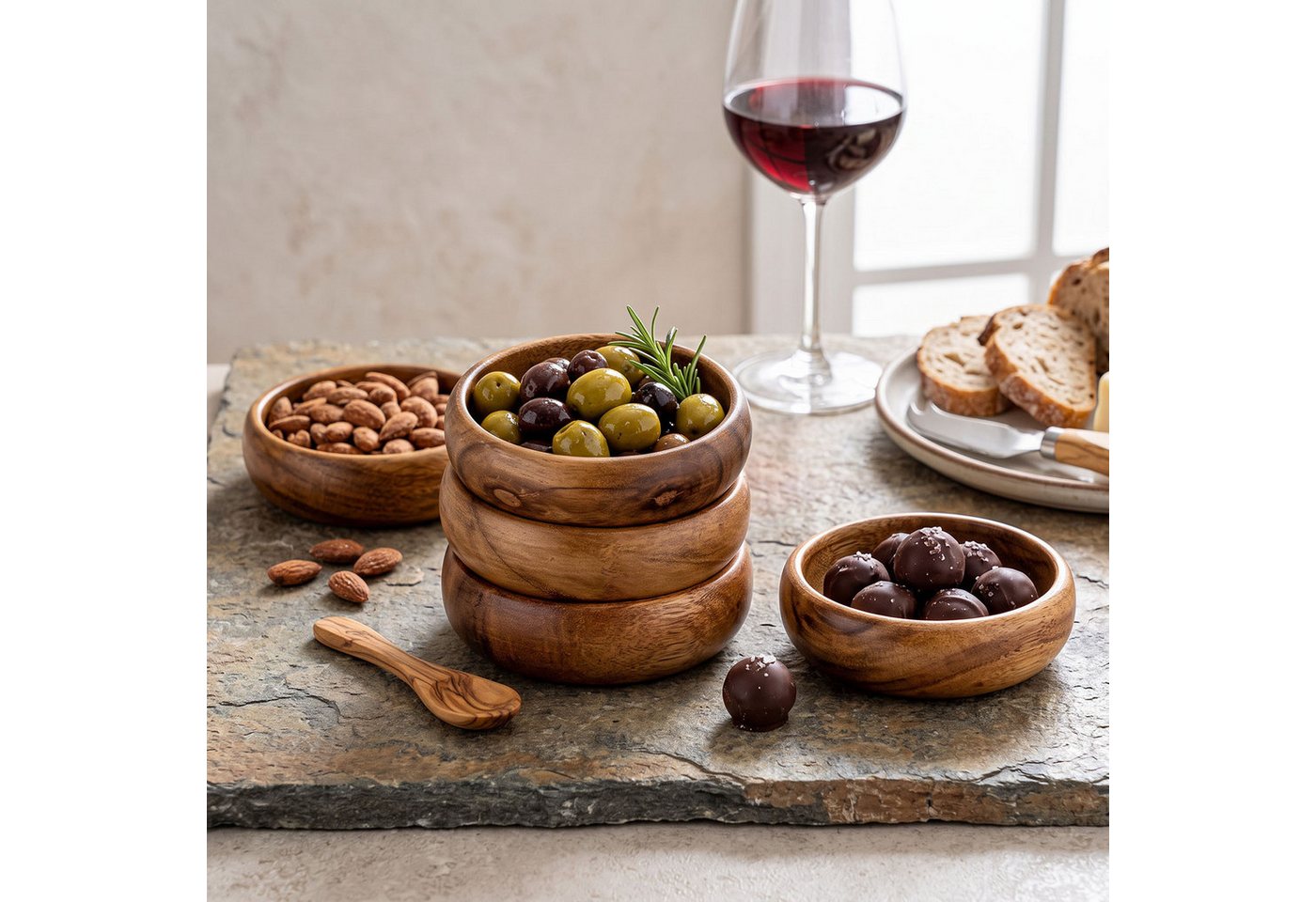 Levandeo® Dekoteller, 3er Set Snackschale Holz Akazie Ø10cm Design Dip Schale Obstschale – Bild 3 von 5