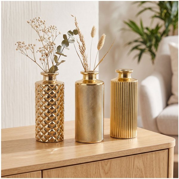 Levandeo® Dekovase, 3er Set Vase H13cm Gold Glas Blumenvase Tischdeko Frühling Blumendeko
