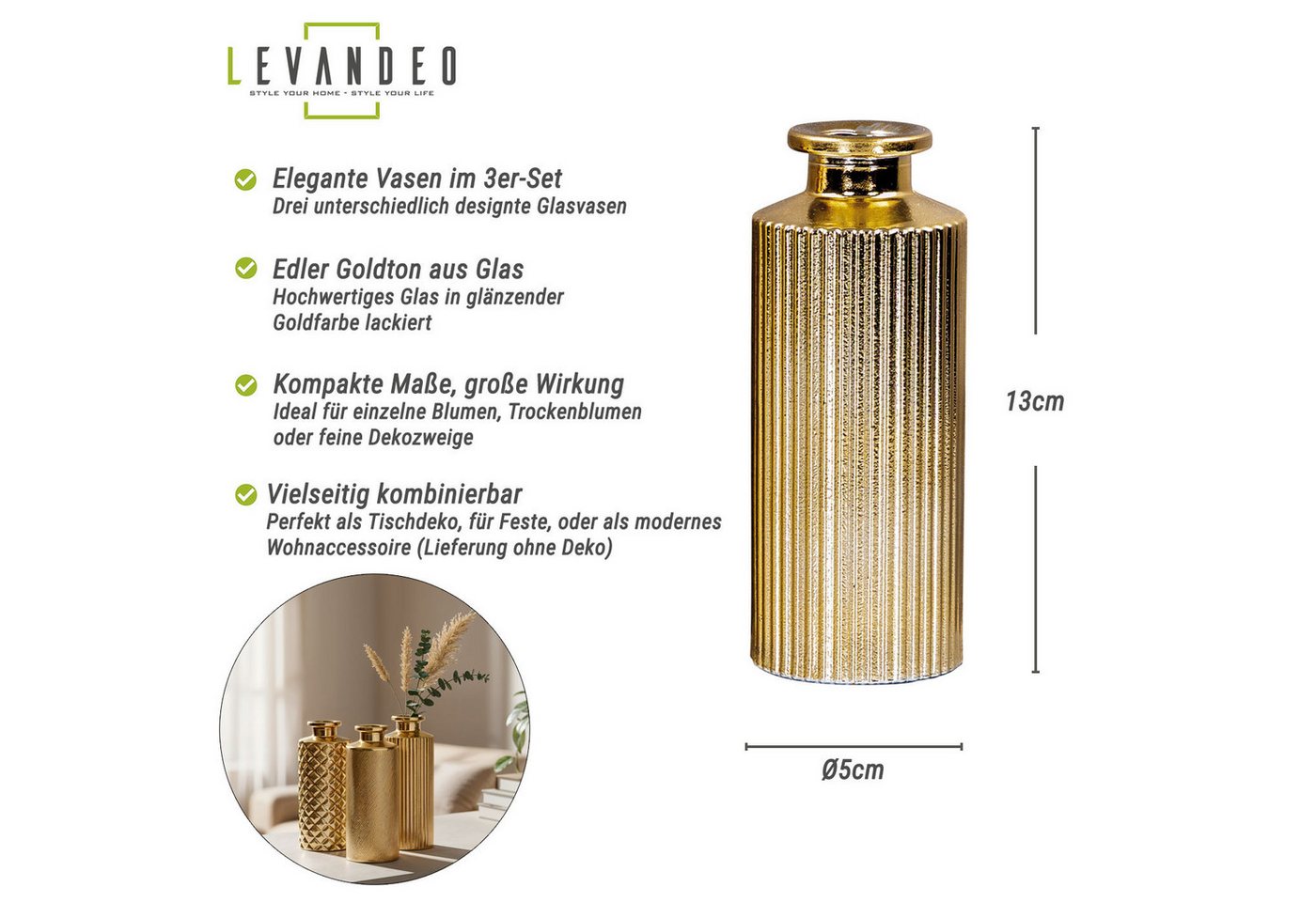 Levandeo® Dekovase, 3er Set Vase H13cm Gold Glas Blumenvase Tischdeko Frühling Blumendeko – Bild 3 von 5