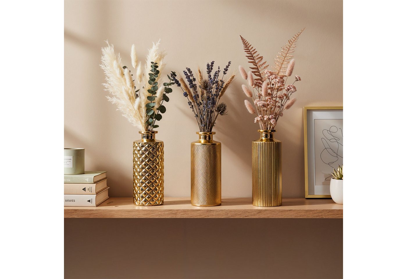 Levandeo® Dekovase, 3er Set Vase H13cm Gold Glas Blumenvase Tischdeko Frühling Blumendeko – Bild 4 von 5