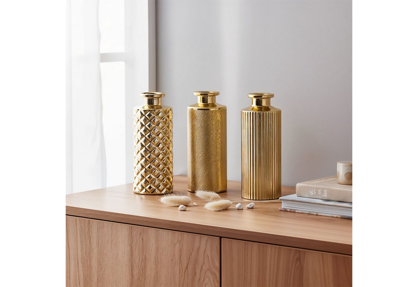 Levandeo® Dekovase, 3er Set Vase H13cm Gold Glas Blumenvase Tischdeko Frühling Blumendeko – Bild 5 von 5