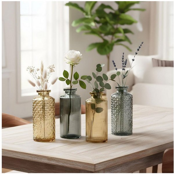 Levandeo® Dekovase, 4er Set Vase Braun Grau H14cm Glas Blumenvase Naturtöne Tischdeko