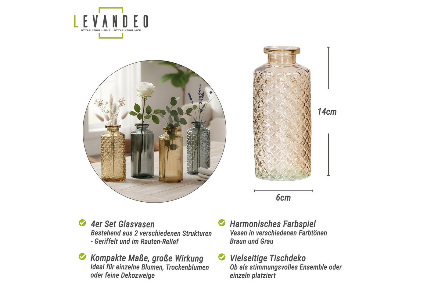 Levandeo® Dekovase, 4er Set Vase Braun Grau H14cm Glas Blumenvase Naturtöne Tischdeko – Bild 3 von 5