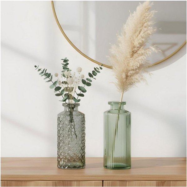 Levandeo® Dekovase, 2er Set Vase H14cm Grün Glas Blumenvase Tischdeko Frühling