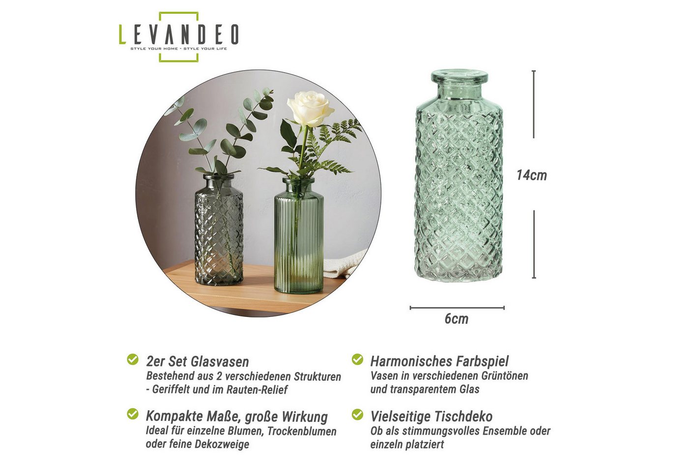 Levandeo® Dekovase, 2er Set Vase H14cm Grün Glas Blumenvase Tischdeko Frühling – Bild 3 von 5