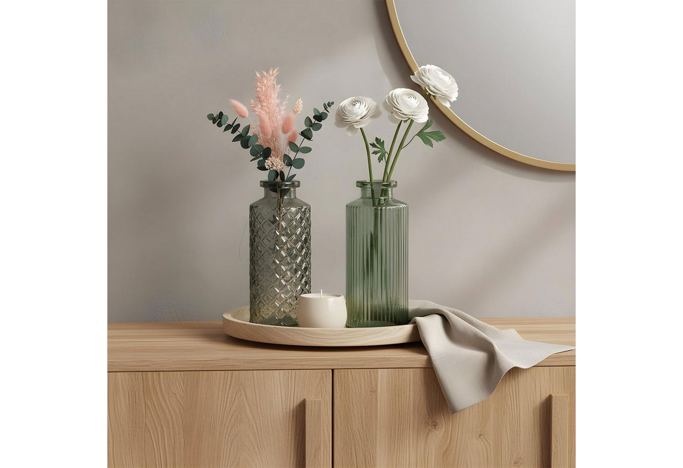 Levandeo® Dekovase, 2er Set Vase H14cm Grün Glas Blumenvase Tischdeko Frühling – Bild 4 von 5