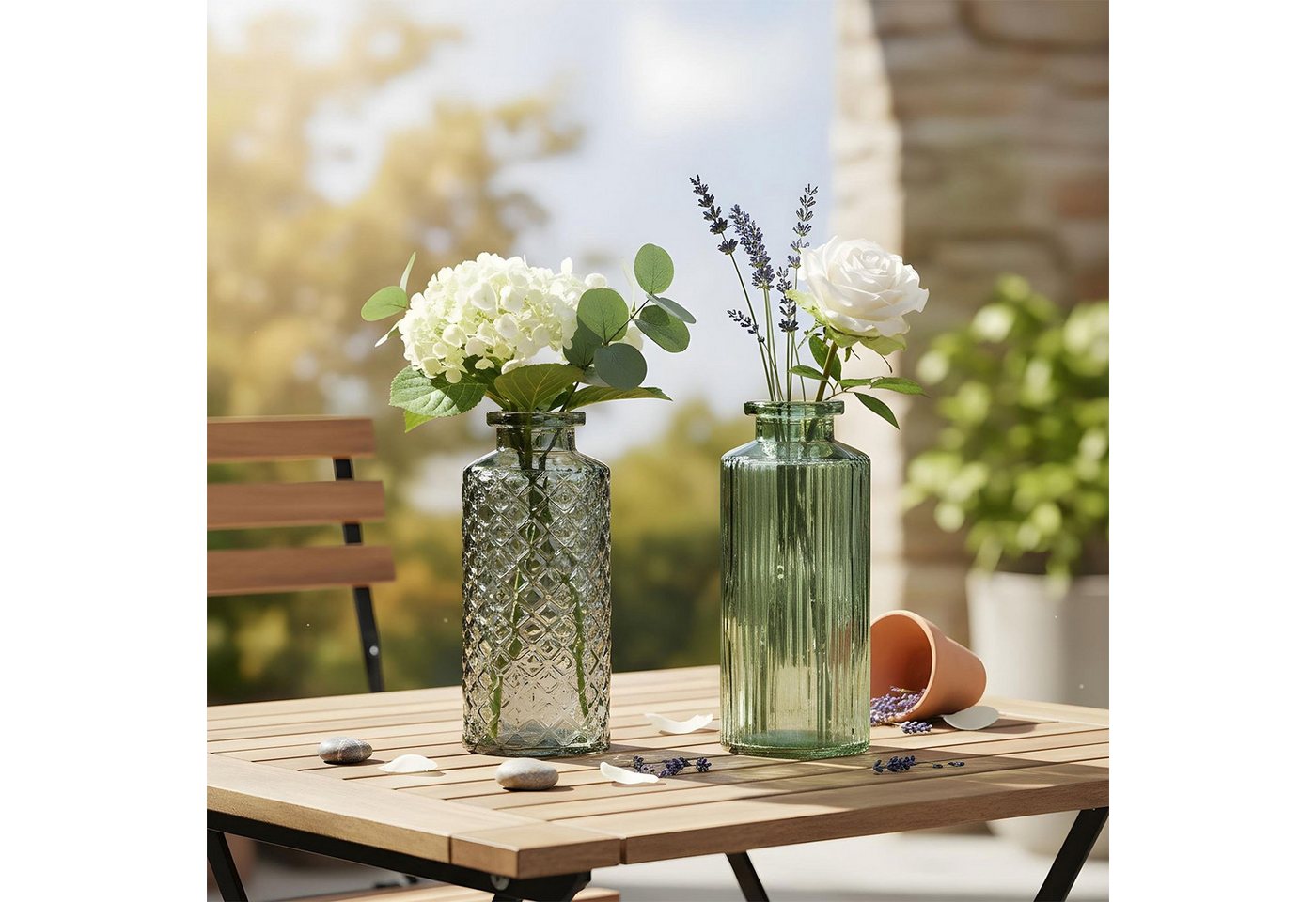 Levandeo® Dekovase, 2er Set Vase H14cm Grün Glas Blumenvase Tischdeko Frühling – Bild 5 von 5