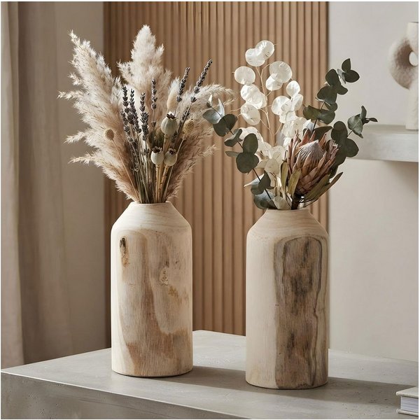 Levandeo® Dekovase, 2er Set Vase aus Holz für Trockenblumen H20cm Natur Holzvase