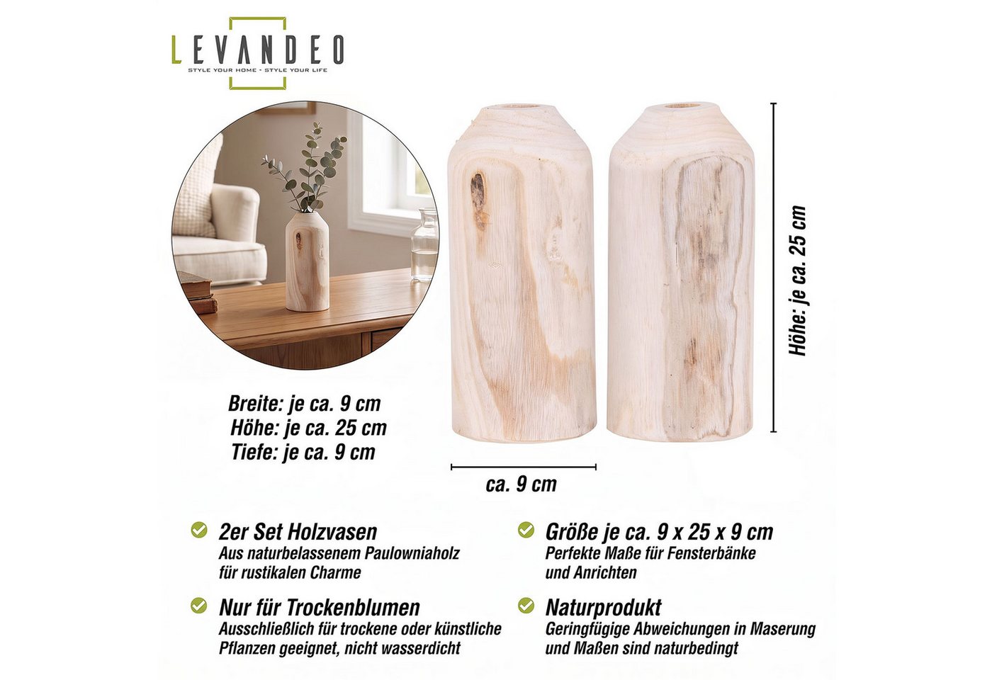Levandeo® Dekovase, 2er Set Vase aus Holz für Trockenblumen H20cm Natur Holzvase – Bild 2 von 5