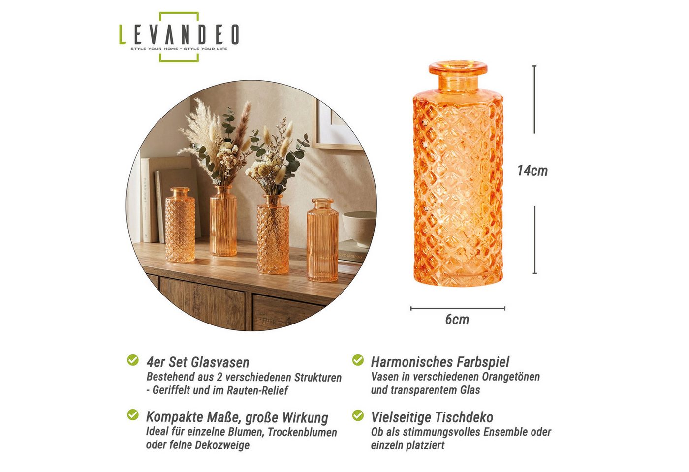 Levandeo® Dekovase, 4er Set Vase Orange H13cm Glas Blumenvase Tischdeko Frühling – Bild 3 von 5