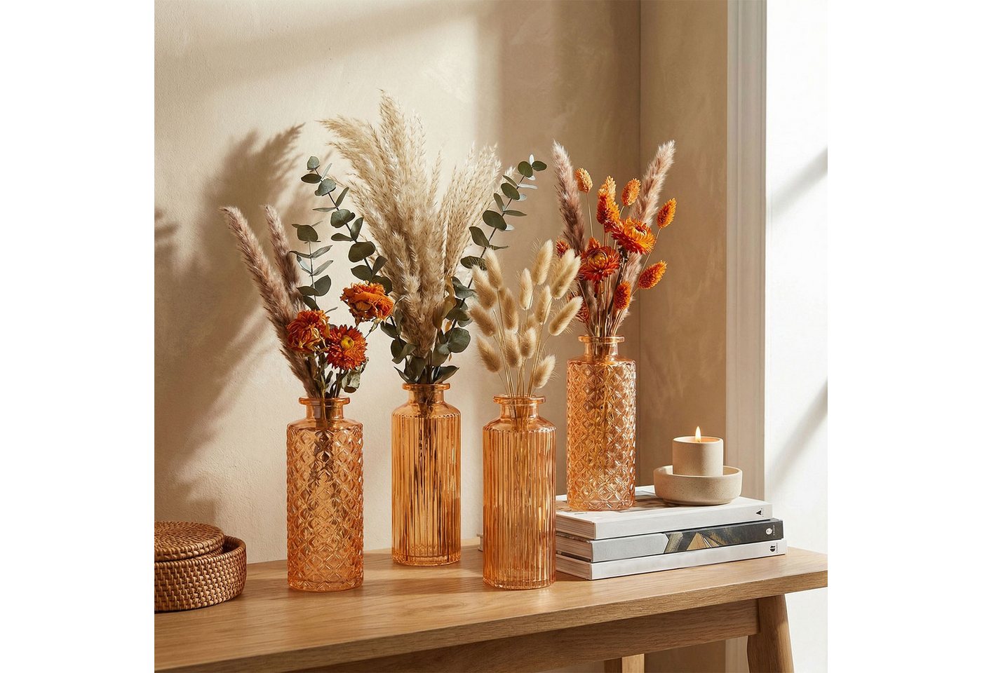 Levandeo® Dekovase, 4er Set Vase Orange H13cm Glas Blumenvase Tischdeko Frühling – Bild 5 von 5