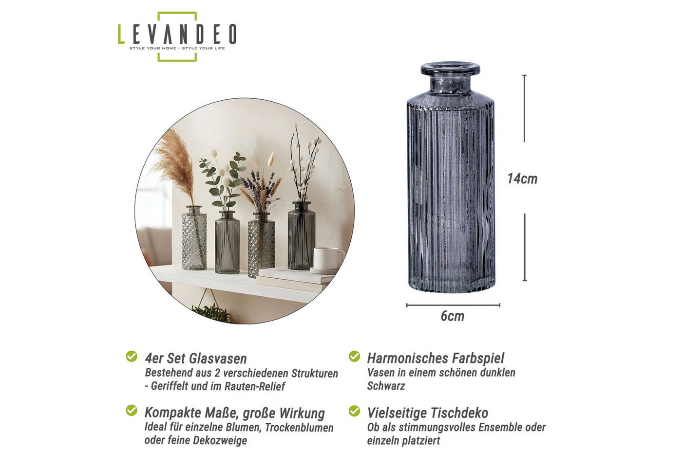 Levandeo® Dekovase, 4er Set Vase Schwarz Grau H14cm Glas Tischdeko Blumendeko Glasvase – Bild 3 von 5