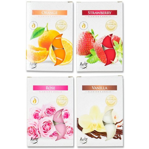 Levandeo® Duftkerze, 24er Kerzen 4x6 Stück Vanille Rose Orange Erdbeere Teelichter
