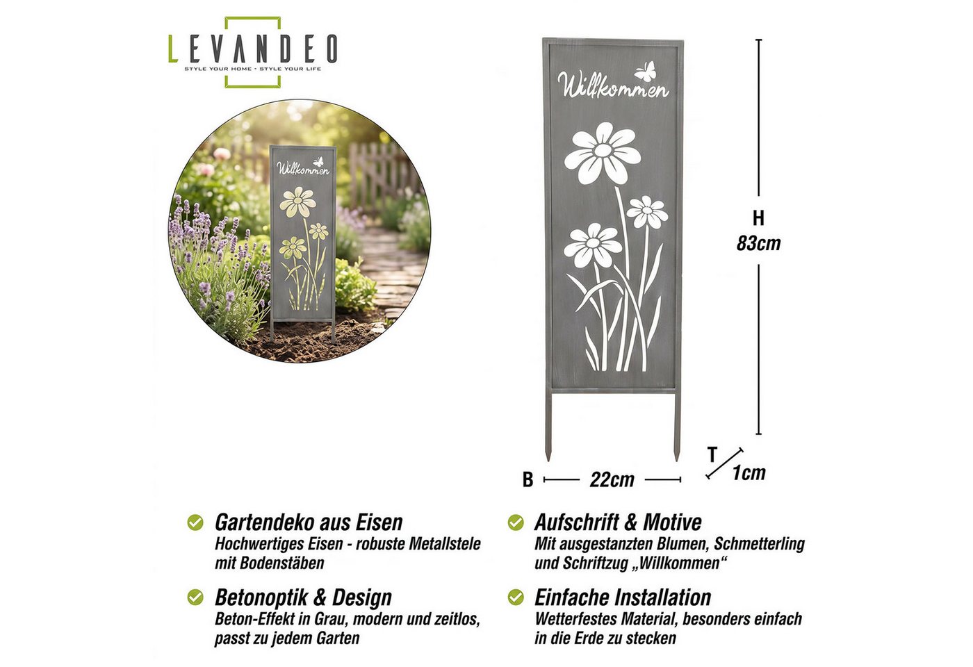 Levandeo® Gartenstecker Gartenstecker Willkommen H83cm Stele Grau Betonoptik Garten-Deko – Bild 3 von 5