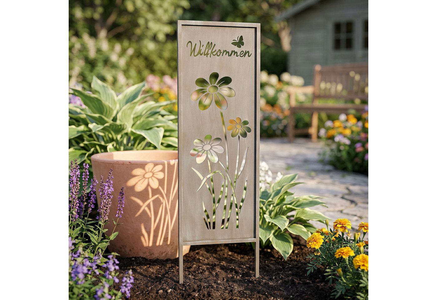 Levandeo® Gartenstecker Gartenstecker Willkommen H83cm Stele Grau Betonoptik Garten-Deko – Bild 4 von 5