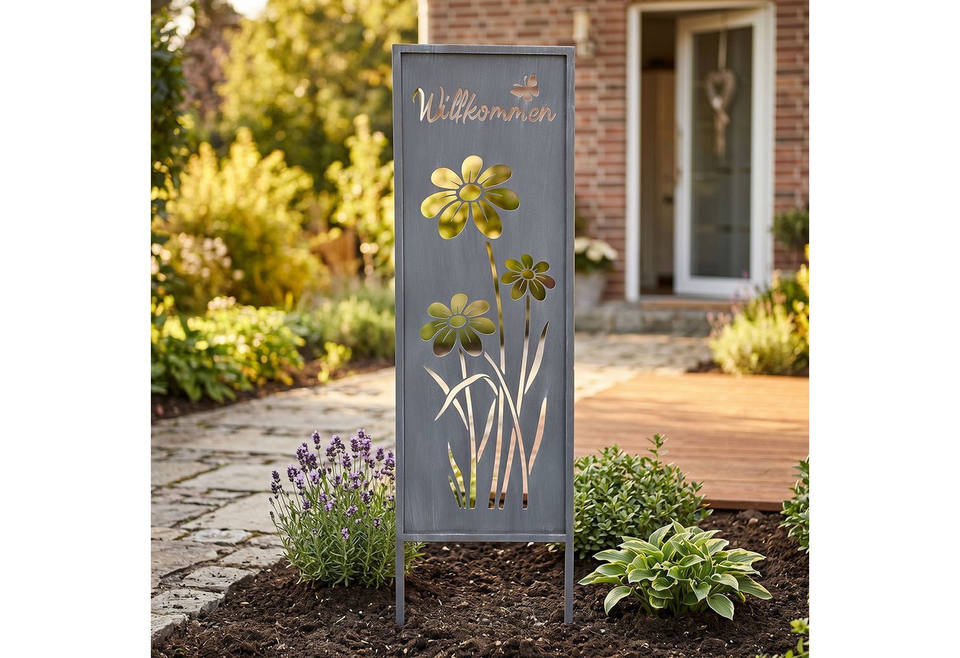 Levandeo® Gartenstecker Gartenstecker Willkommen H83cm Stele Grau Betonoptik Garten-Deko – Bild 5 von 5